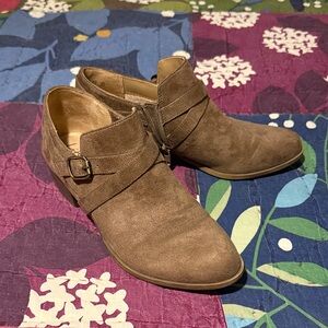 Life Stride: Taupe Suede Ankle Booties with Side Buckle Accent